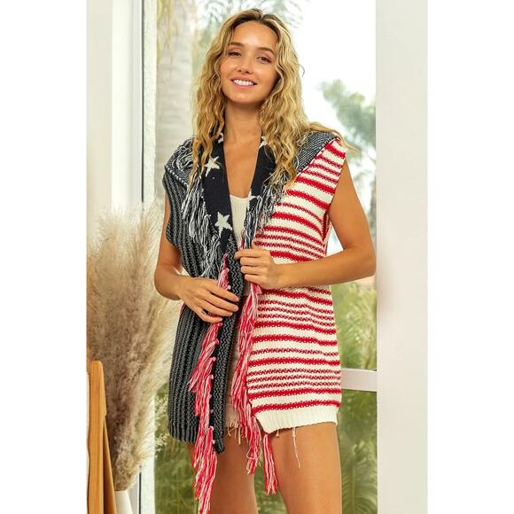 BiBi American Flag Theme Fringe Edged Detail Relaxed Fit Sweater Vest | Navy/Red - Picture 2 of 12